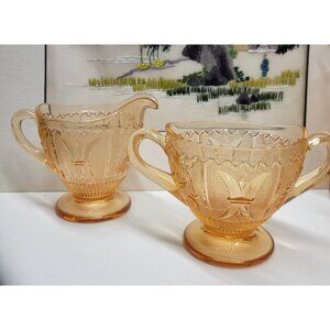 Westmoreland Amber Golden Sunset Princess Feather Glass Sugar Bowl & Creamer Set